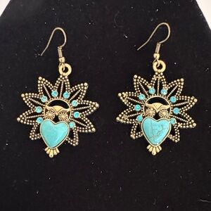 Gold-Tone Sunburst Heart Drop Earrings with Turquoise Accents